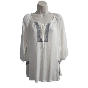 SOLITARE White Blue Embroidered Long Sleeve Boho Blouse Size XS